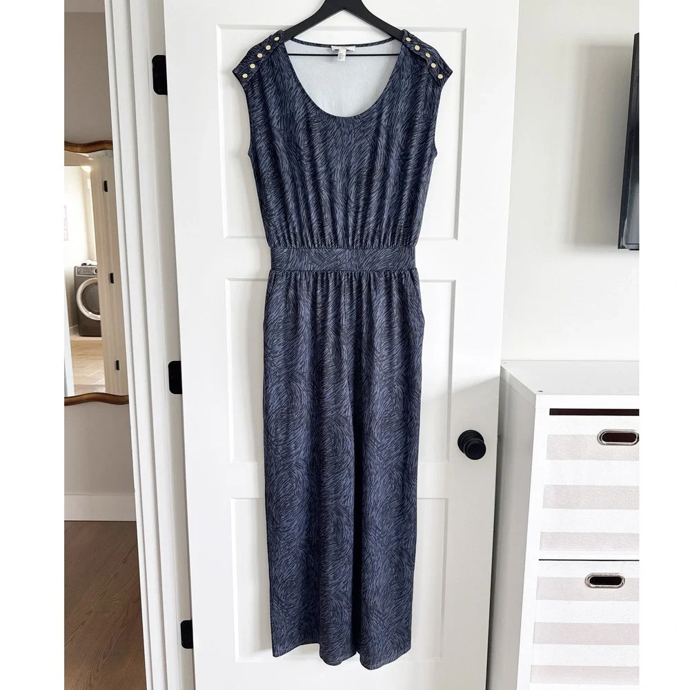 H Halston Womens Blue Abstract Print Sleeveless Jumpsuit Gold Shoulder Buttons S